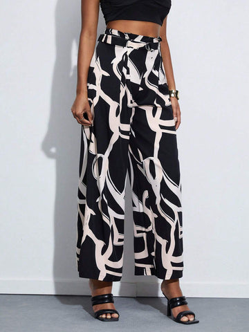 BIZwear Graphic Print Wide Leg Belted Pants
