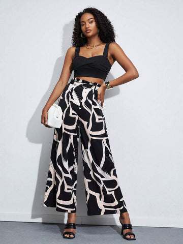 BIZwear Graphic Print Wide Leg Belted Pants