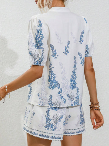 Plants Print Puff Sleeve Blouse & Shorts