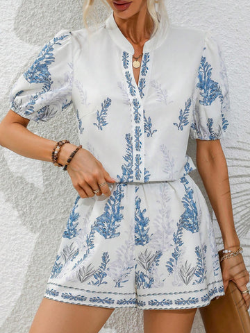Plants Print Puff Sleeve Blouse & Shorts