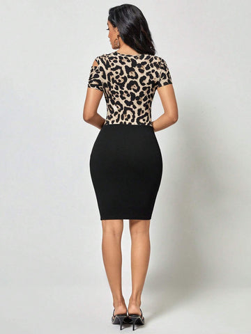 EMERY ROSE Leopard Print Asymmetrical Neck Bodycon Dress