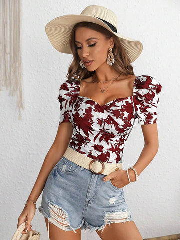 VCAY Floral Print Sweetheart Neck Puff Sleeve Tee