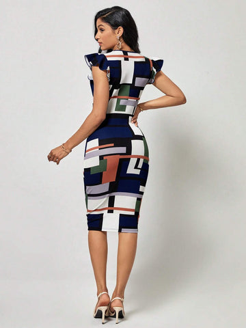 EMERY ROSE Geo Print Ruffle Trim Bodycon Dress