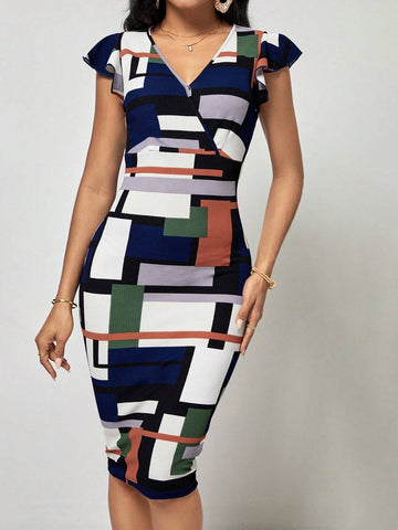 EMERY ROSE Geo Print Ruffle Trim Bodycon Dress