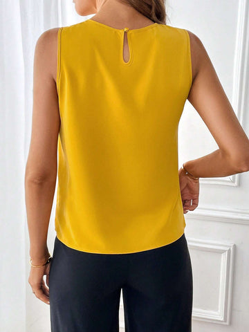 Solid Fold Pleated Detail Sleeveless Blouse
