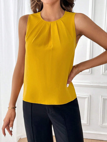 Solid Fold Pleated Detail Sleeveless Blouse