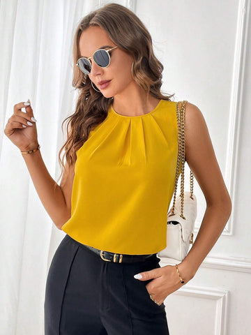 Solid Fold Pleated Detail Sleeveless Blouse