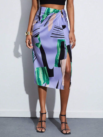 BIZwear Brush Print Knot Side Wrap Skirt