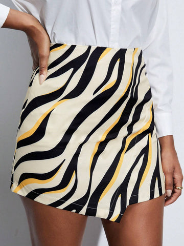 BIZwear Zebra Striped Print Asymmetrical Hem Skirt