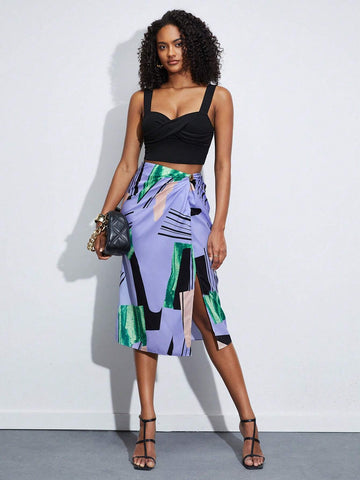 BIZwear Brush Print Knot Side Wrap Skirt