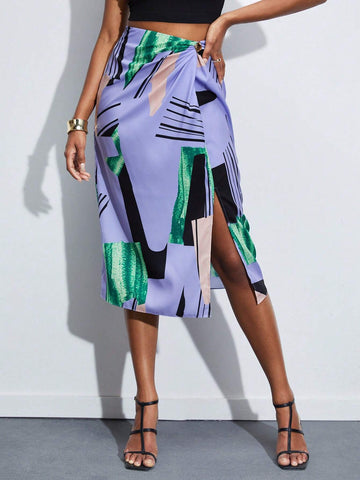 BIZwear Brush Print Knot Side Wrap Skirt