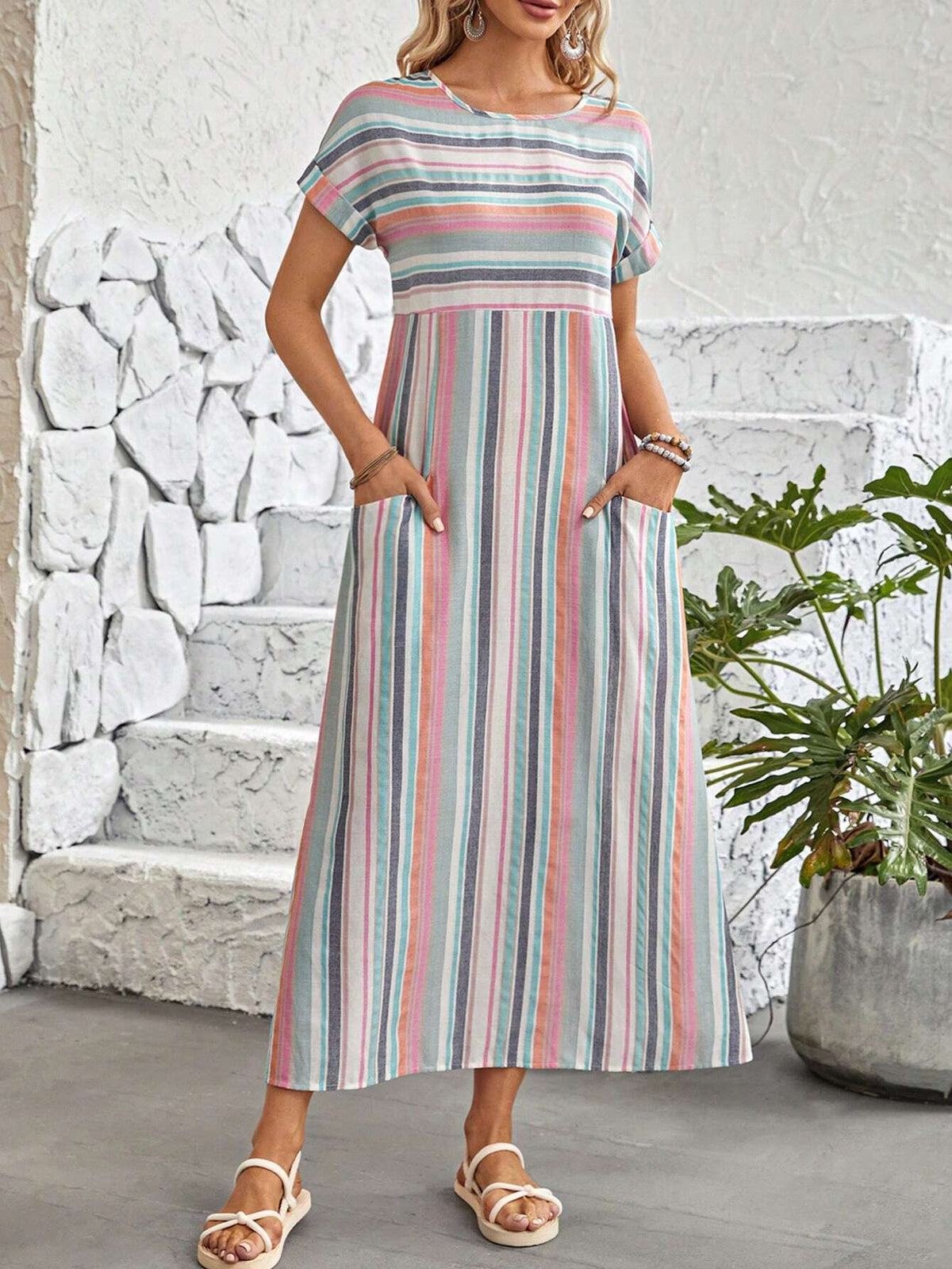 EMERY ROSE Striped Print Batwing Sleeve Hidden Pocket Dress
