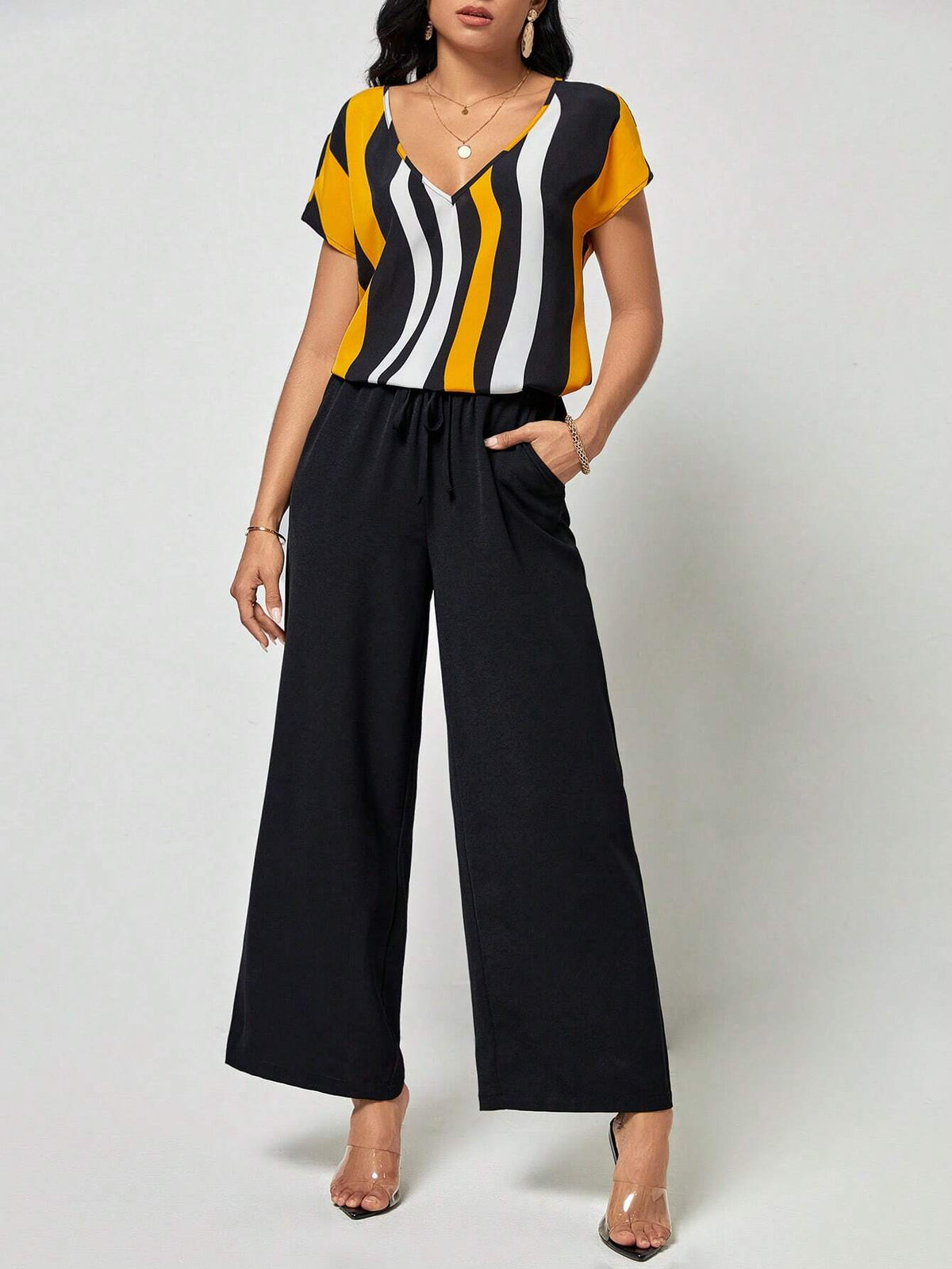EMERY ROSE Striped Print Batwing Sleeve Top & Wide Leg Pants