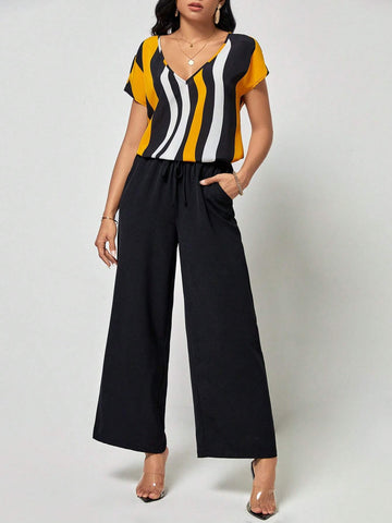 EMERY ROSE Striped Print Batwing Sleeve Top & Wide Leg Pants