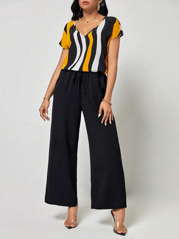 EMERY ROSE Striped Print Batwing Sleeve Top & Wide Leg Pants