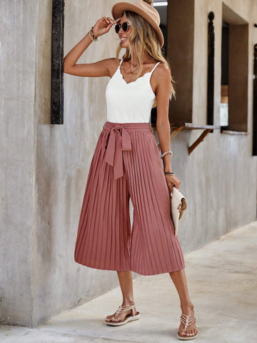 EMERY ROSE Solid Cami Top & Pleated Belted Wide Leg Pants