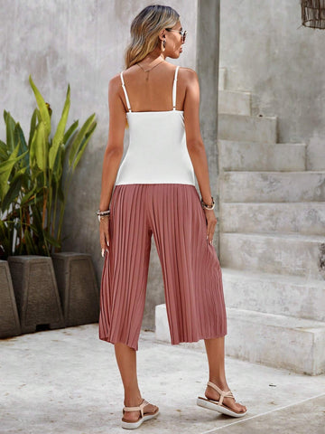 EMERY ROSE Solid Cami Top & Pleated Belted Wide Leg Pants
