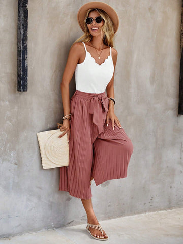 EMERY ROSE Solid Cami Top & Pleated Belted Wide Leg Pants