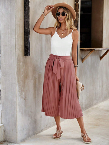 EMERY ROSE Solid Cami Top & Pleated Belted Wide Leg Pants