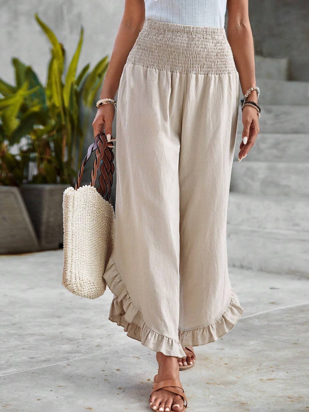 EMERY ROSE Solid Ruffle Hem Wide Leg Pants