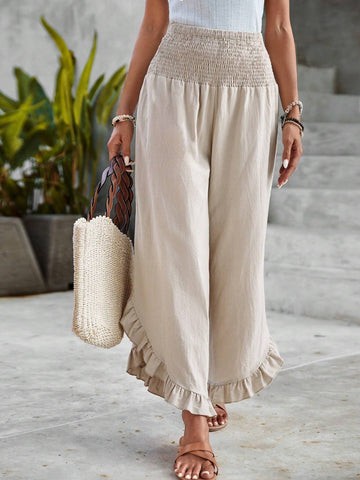 EMERY ROSE Solid Ruffle Hem Wide Leg Pants