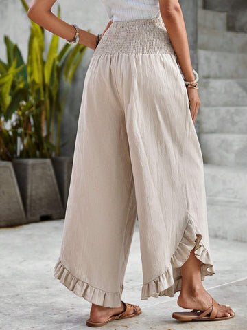 EMERY ROSE Solid Ruffle Hem Wide Leg Pants