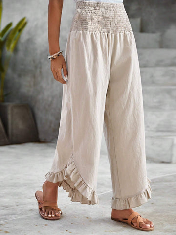 EMERY ROSE Solid Ruffle Hem Wide Leg Pants