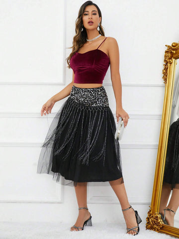 BAE High Waist Mesh Overlay Skirt