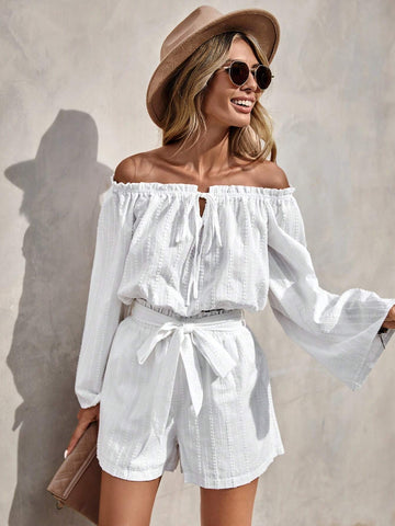 EMERY ROSE Off Shoulder Knot Front Frill Trim Top & Belted Shorts