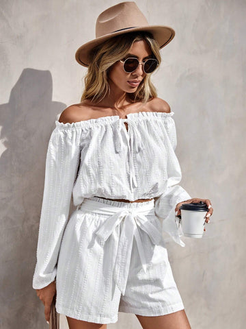 EMERY ROSE Off Shoulder Knot Front Frill Trim Top & Belted Shorts