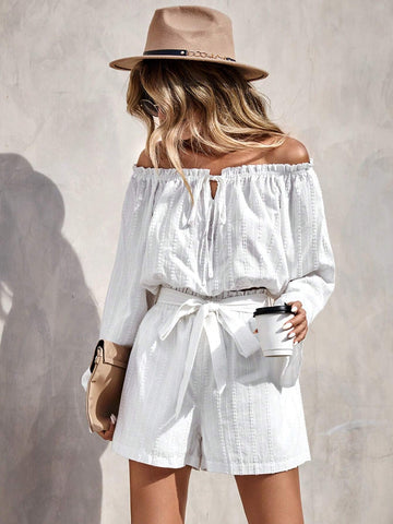 EMERY ROSE Off Shoulder Knot Front Frill Trim Top & Belted Shorts