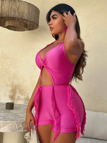 Cut Out Front Halter Neck Backless Fringe Trim Unitard Romper