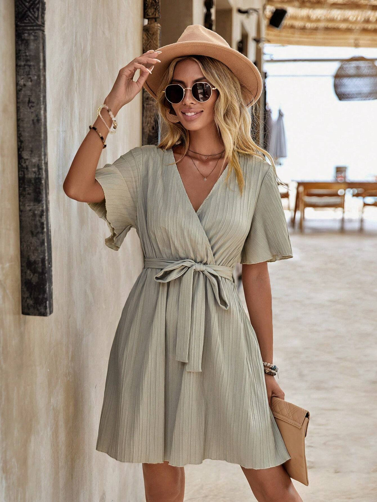 EMERY ROSE Solid Belted A-line Dress