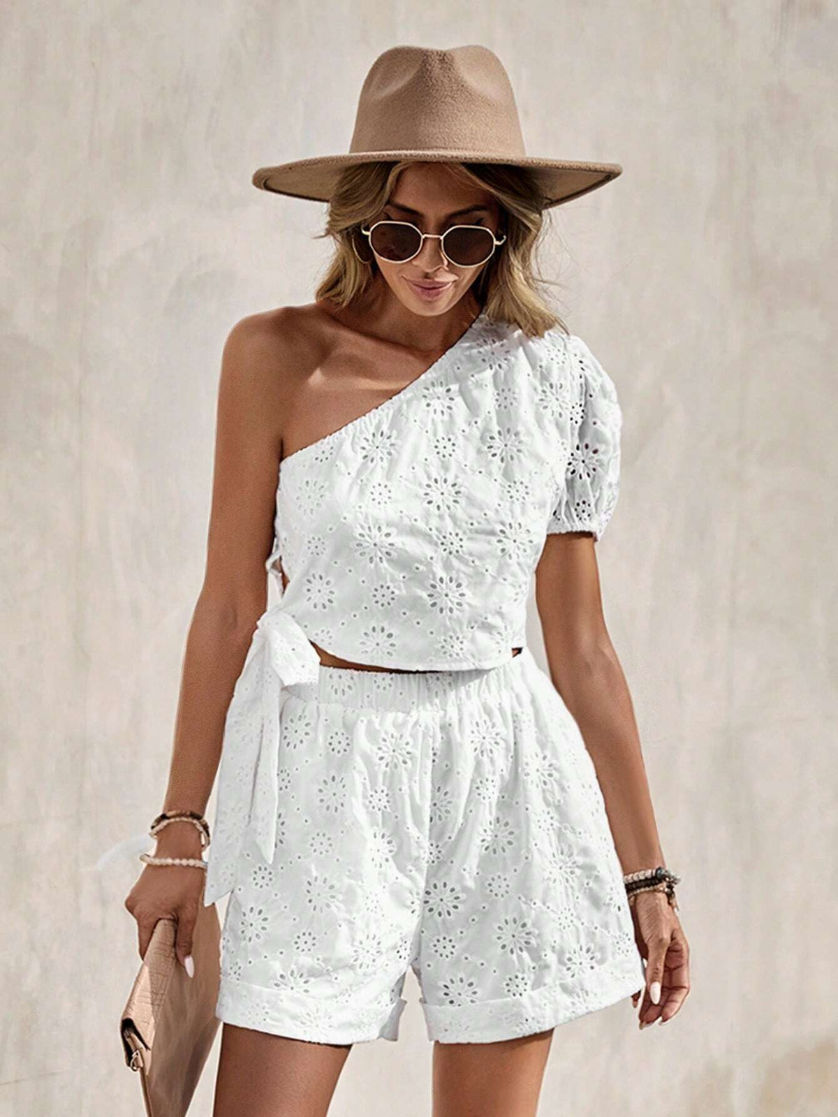 EMERY ROSE Eyelet Embroidery One Shoulder Knot Side Crop Top & Shorts