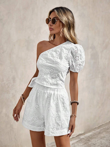 EMERY ROSE Eyelet Embroidery One Shoulder Knot Side Crop Top & Shorts