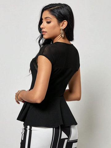 EMERY ROSE Contrast Mesh Peplum Hem Tee