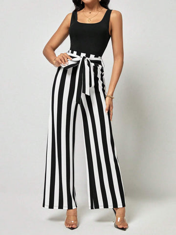 EMERY ROSE Solid Tank Top & Striped Belted Wide Leg Pants