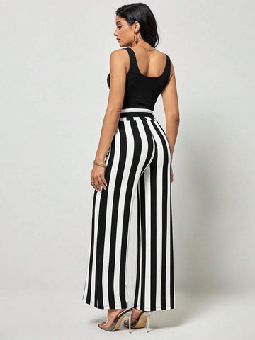 EMERY ROSE Solid Tank Top & Striped Belted Wide Leg Pants