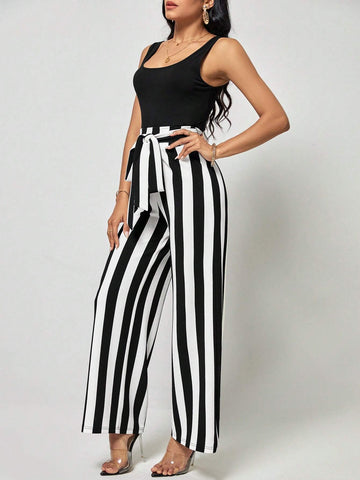 EMERY ROSE Solid Tank Top & Striped Belted Wide Leg Pants