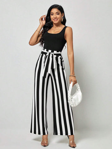 EMERY ROSE Solid Tank Top & Striped Belted Wide Leg Pants