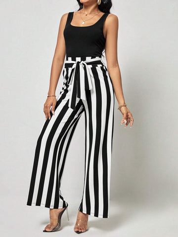 EMERY ROSE Solid Tank Top & Striped Belted Wide Leg Pants