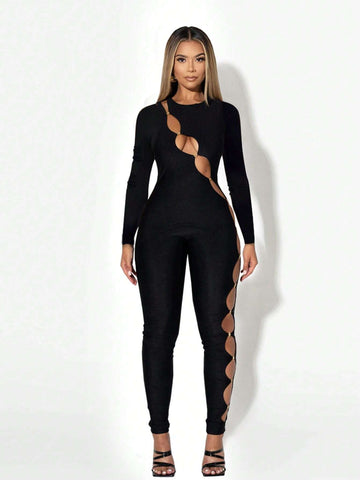 Cut Out Front Solid Unitard Jumpsuit
