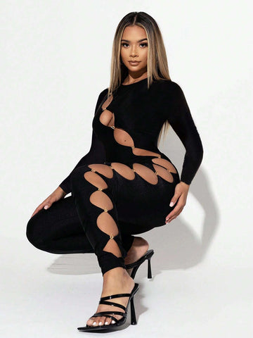 Cut Out Front Solid Unitard Jumpsuit
