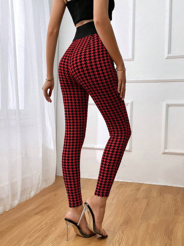 Houndstooth Print Button Detail Skinny Pants