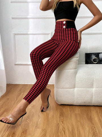 Houndstooth Print Button Detail Skinny Pants