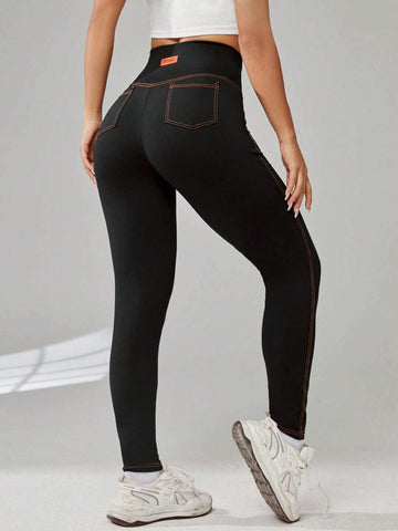 EZwear Letter Patched Top-stitching Wideband Waist Leggings
