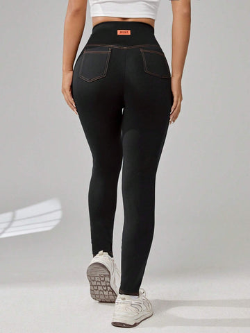 EZwear Letter Patched Top-stitching Wideband Waist Leggings