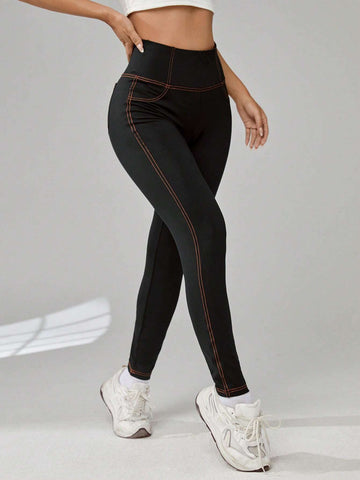 EZwear Letter Patched Top-stitching Wideband Waist Leggings