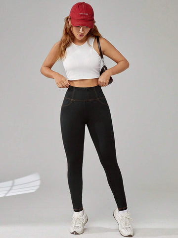 EZwear Letter Patched Top-stitching Wideband Waist Leggings