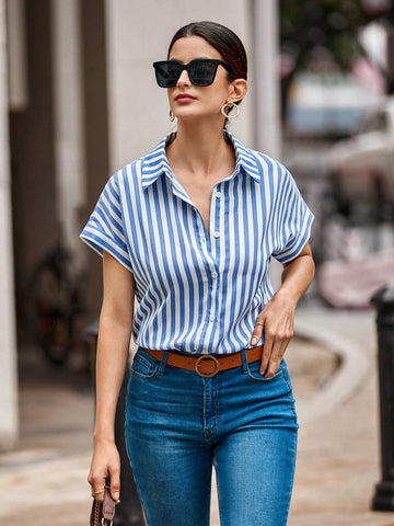 Striped Batwing Sleeve Button Front Shirt